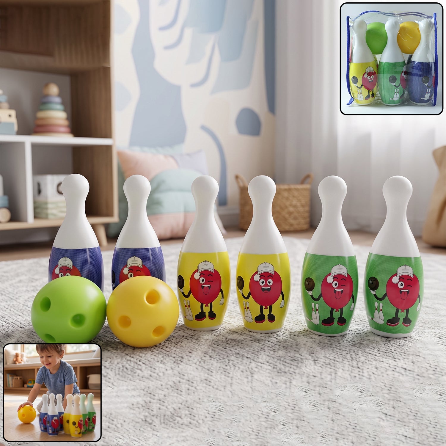 Kids Bowling Set With 6 Colorful Pins And 2 Balls (1 Set) - DanishHub