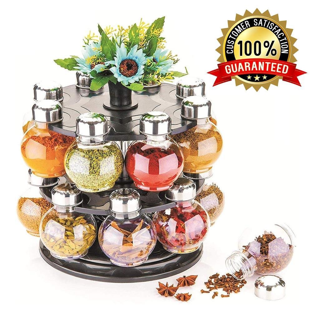 Kitchen Condiment Set 16 Piece | 360° Revolving Spice Rack with Airtight Storage Jars - DanishHubKitchen & Dining