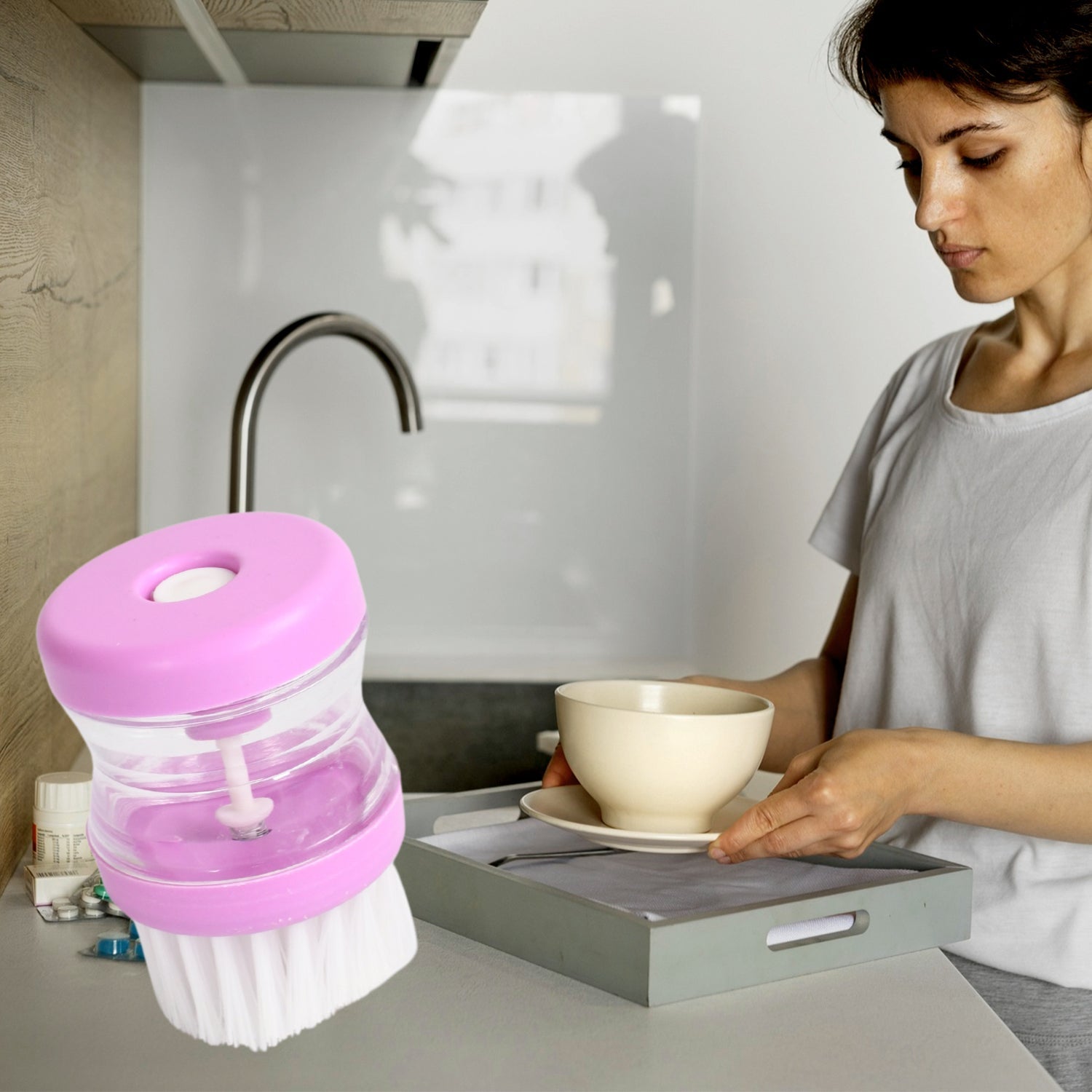 Plastic Wash Basin Brush Cleaner With Liquid Soap Dispenser (Multicolour) - DanishHub