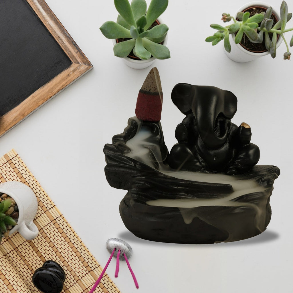 Smoke Fountain Ganesha Idol Decoration Items With 8 Pc Backflow Incense Cones Sticks (1 Pc) - DanishHub