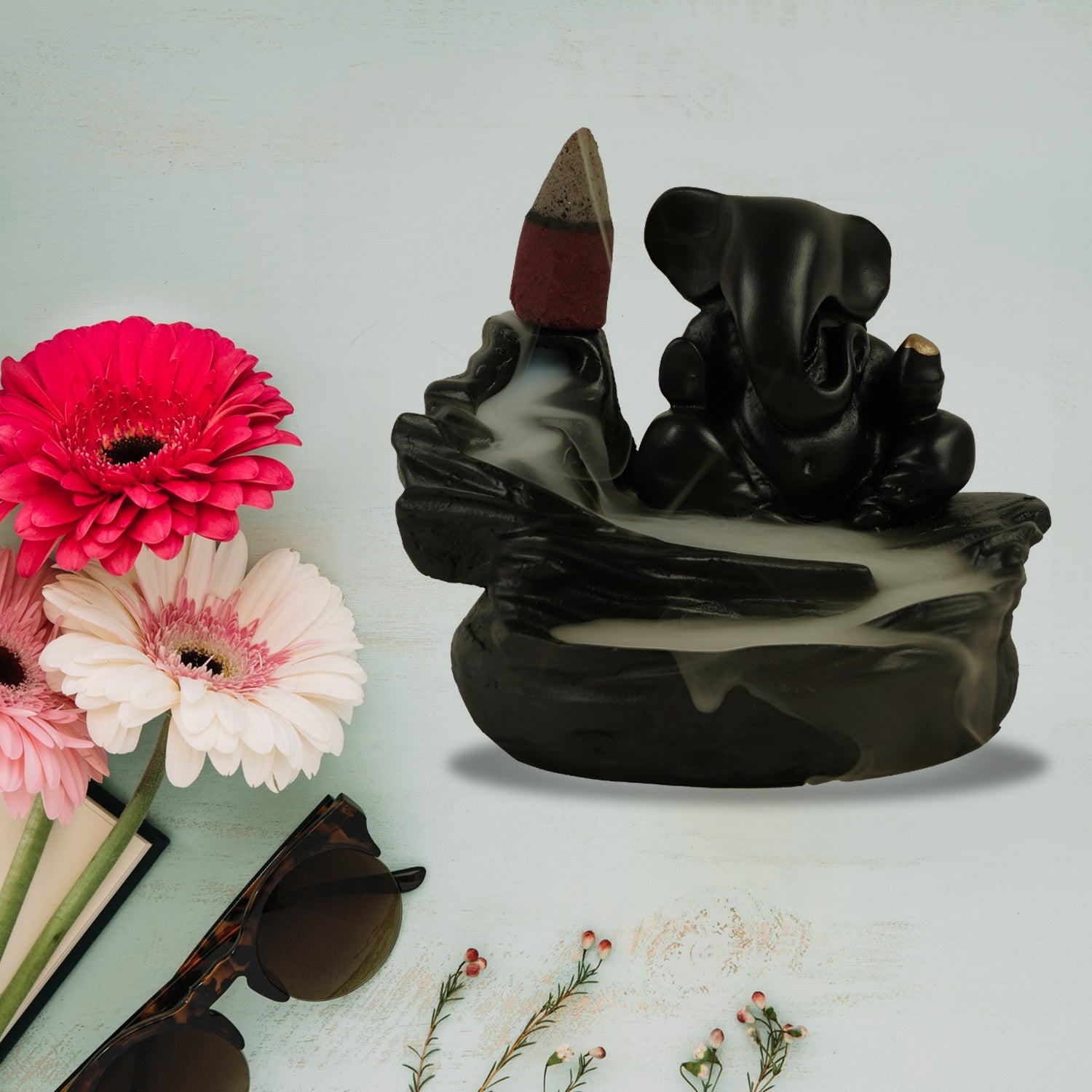 Smoke Fountain Ganesha Idol Decoration Items With 8 Pc Backflow Incense Cones Sticks (1 Pc) - DanishHub