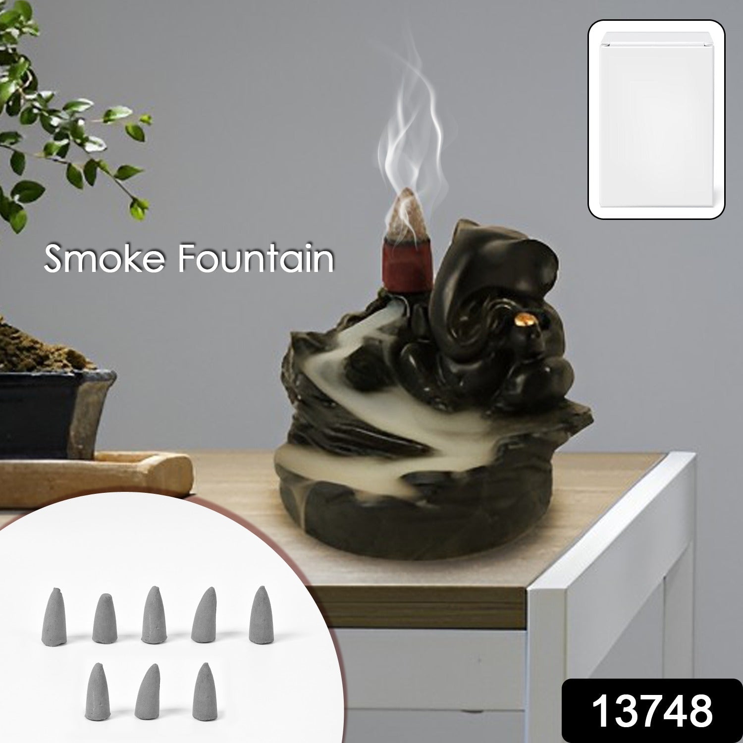 Smoke Fountain Ganesha Idol Decoration Items With 8 Pc Backflow Incense Cones Sticks (1 Pc) - DanishHub